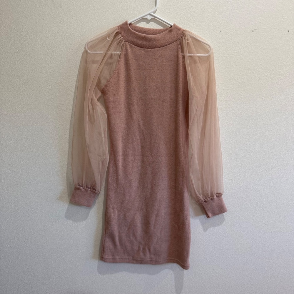 Oak Fort Pink Knit Mini Dress Sheer Mesh Balloon Sleeve Mock Neck OS Rose Pink